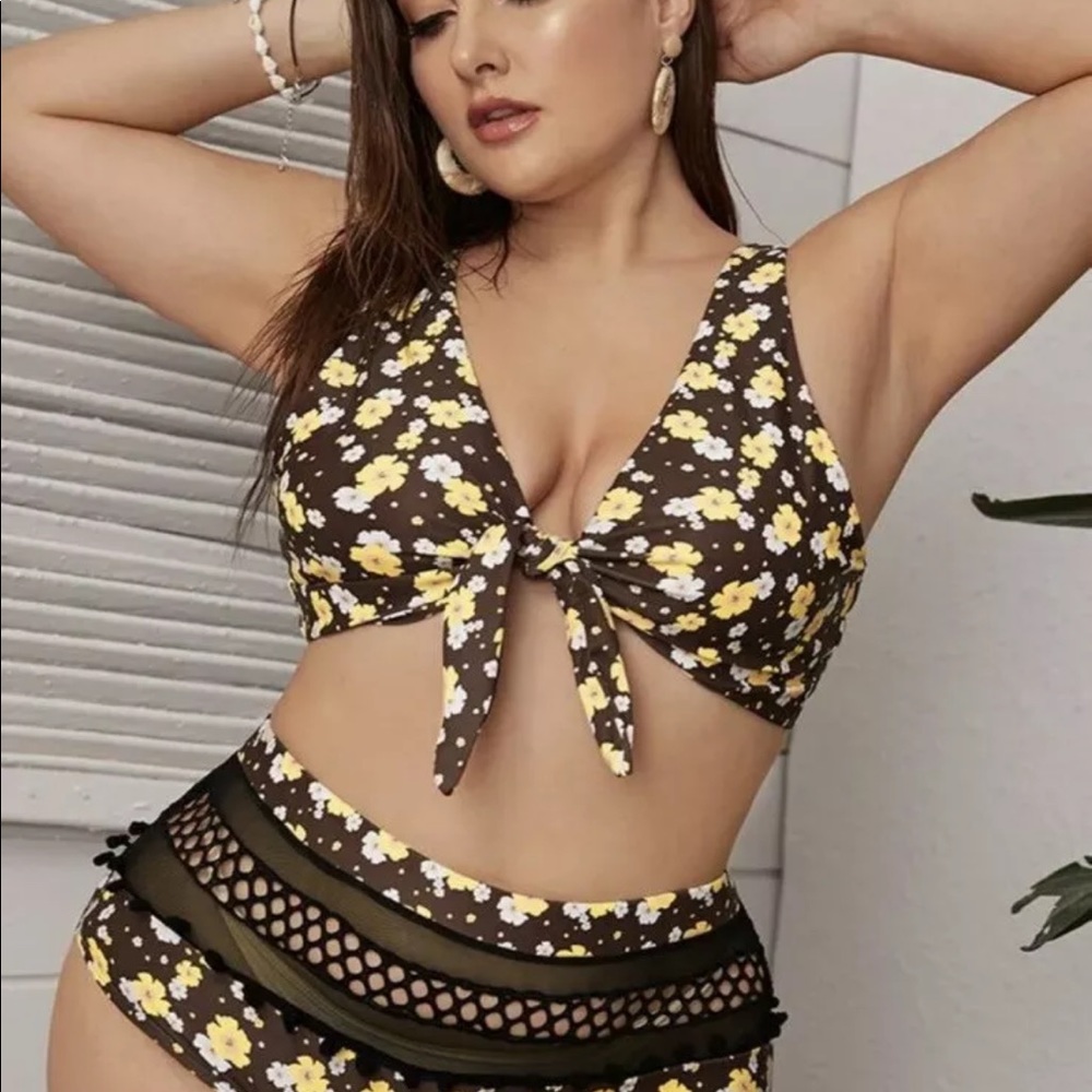 SHEIN Plus Floral Mesh Knot Tie Bikini Swim Sz 1X